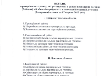 Оновлено актуальний перелік громад у районах бойових дій, на ТОТ та тих, що в оточенні