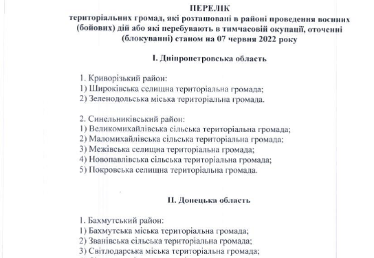 Оновлено актуальний перелік громад у районах бойових дій, на ТОТ та тих, що в оточенні