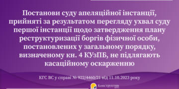 Судове рішення про затвердження плану реструктуризації боргів фізичної особи у справі про її неплатоспроможність не підлягає касаційному оскарженню – КГС ВС — Суспільство Одеси
