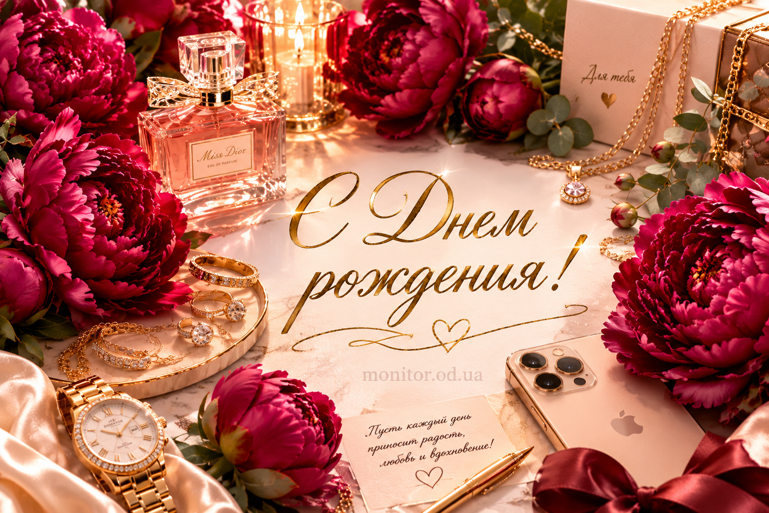Открытка женщине на День рождения с роскошными пионами и праздничным оформлением
