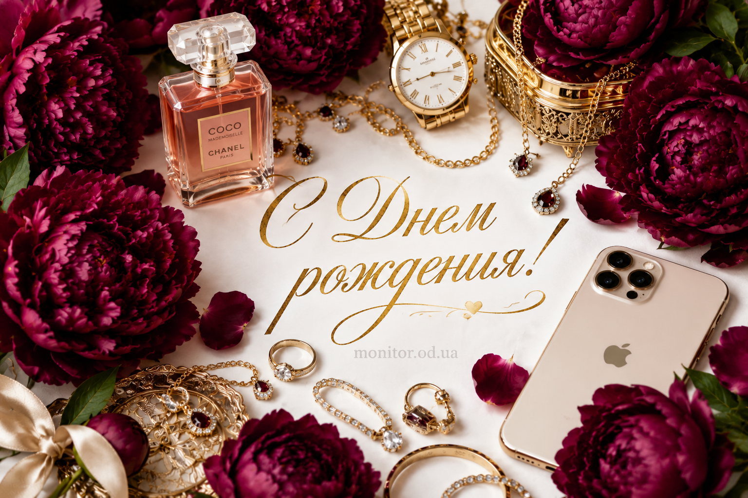 Современная картинка с Днем рождения женщине с букетом пионов и поздравлением