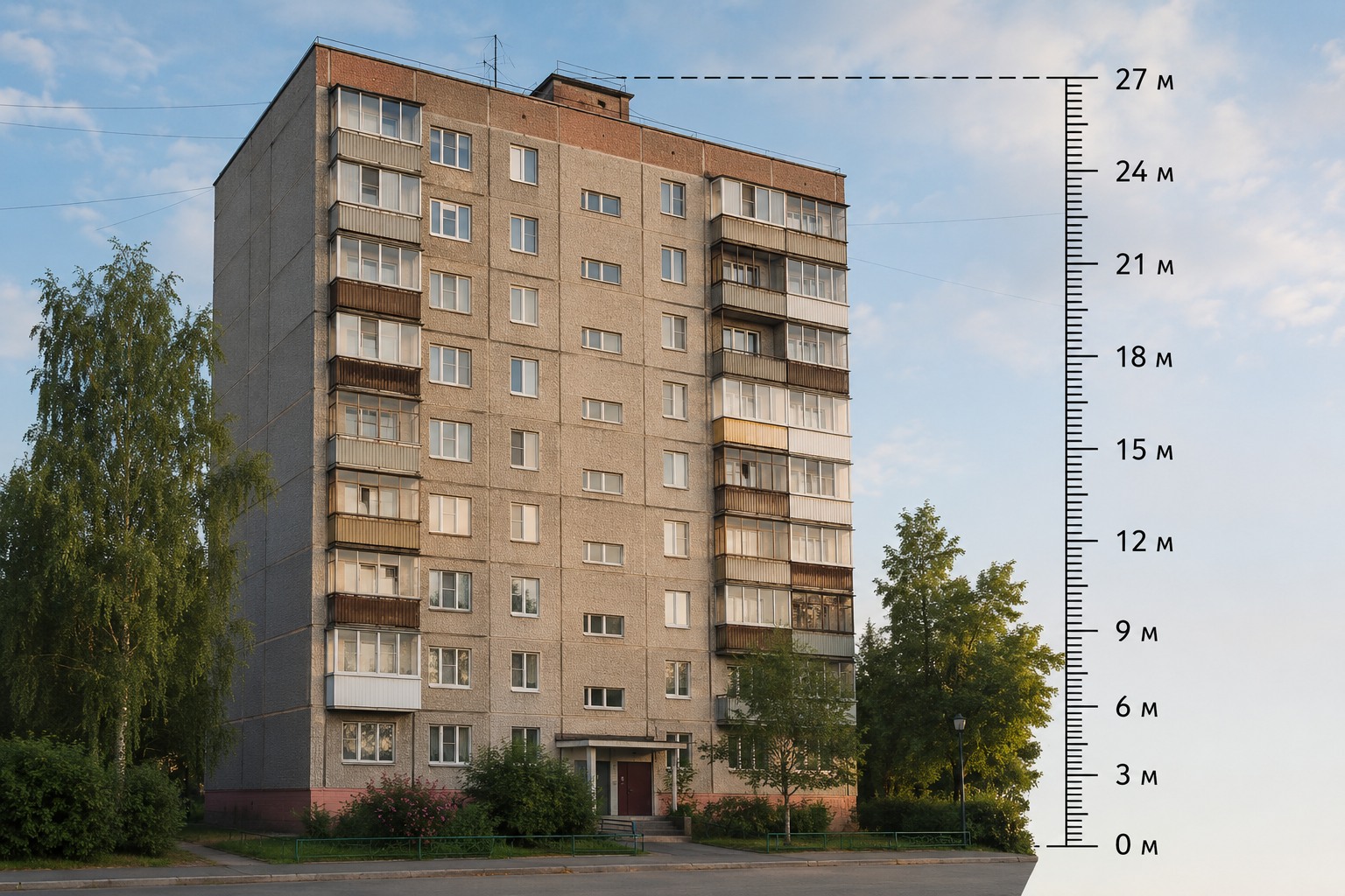 27 метров высота - 9 этажного дома