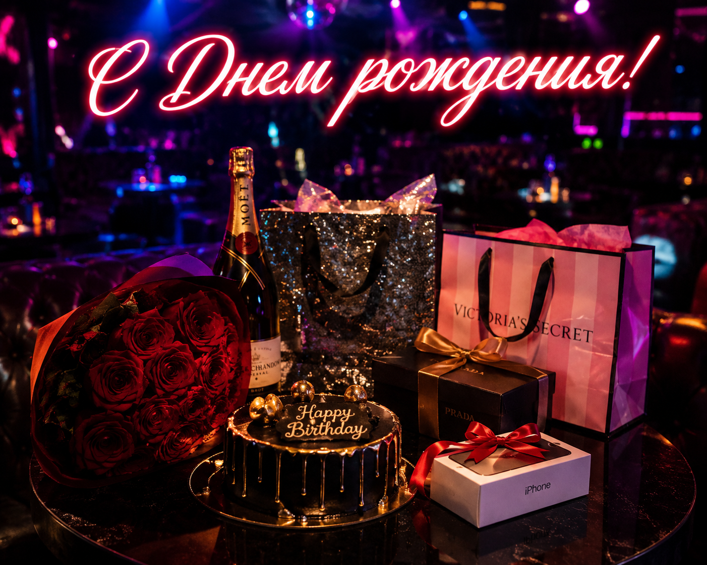 Открытка с подарками для женщины на День рождения