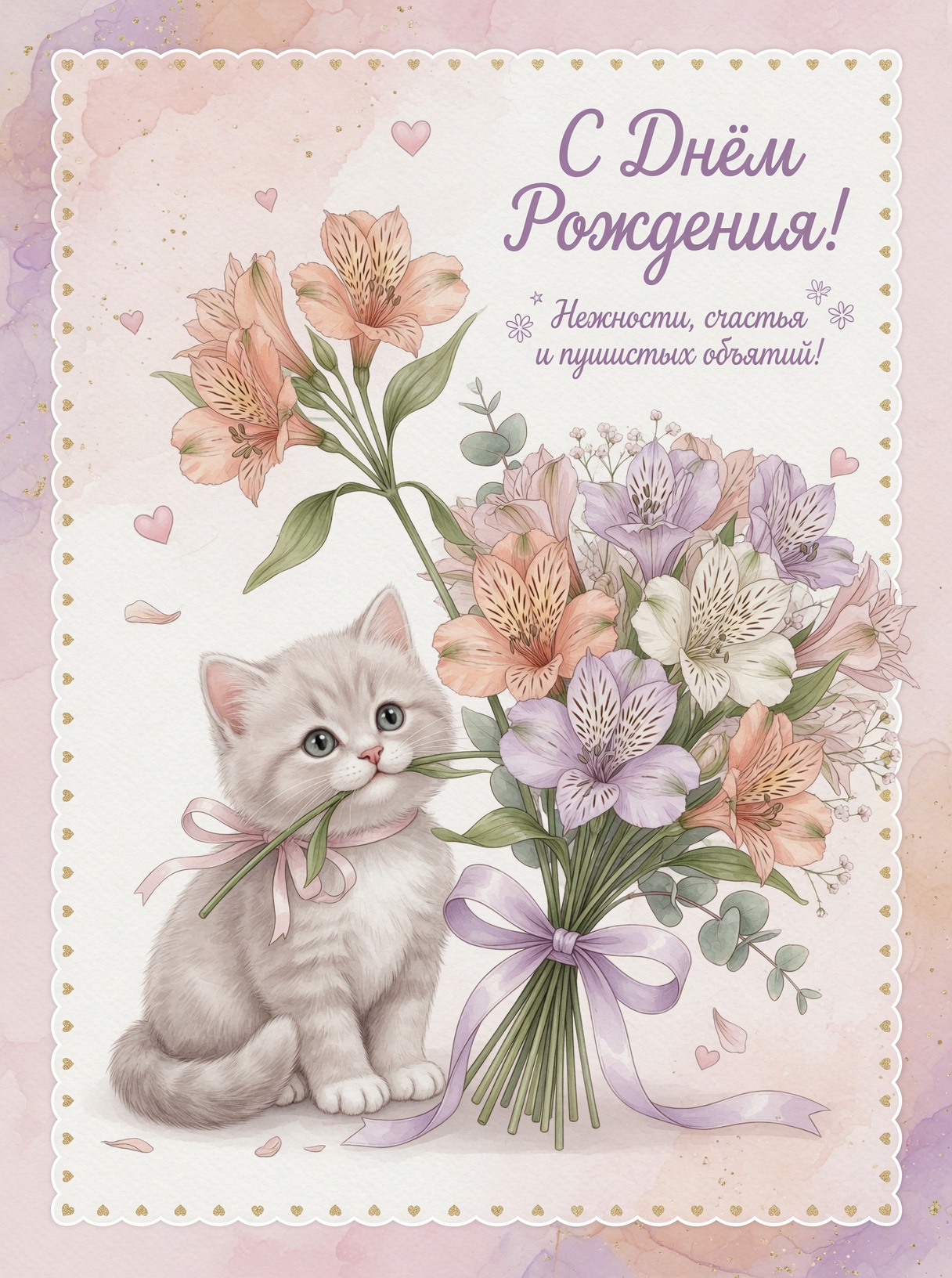 Открытка с котиком на день рождения женщинам