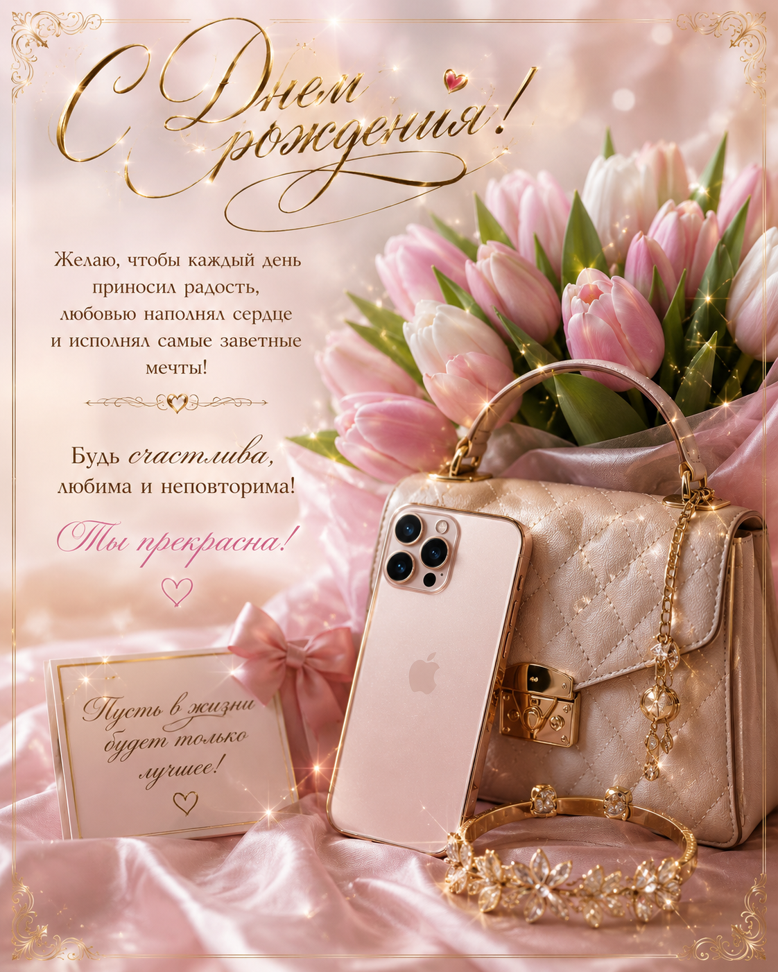 Открытка женщине на День рождения с тюльпанами
